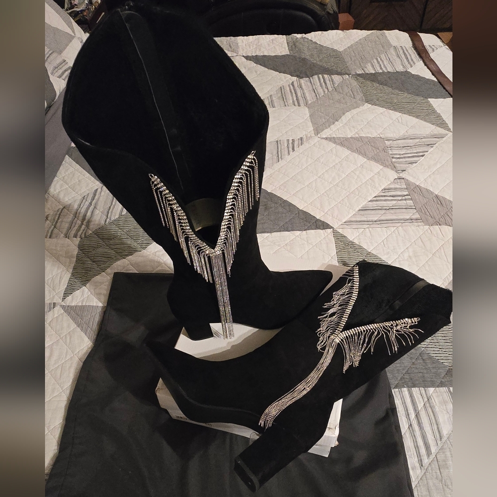 Elegant Black Suede Boots with Silver Accents